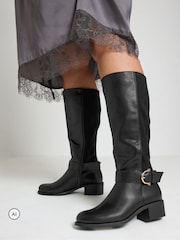 Yours Curve Black Stretch Panel Knee High Boots - Image 1 of 5