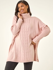 Roman Pink Cable Knit Roll Neck Poncho Jumper - Image 1 of 4