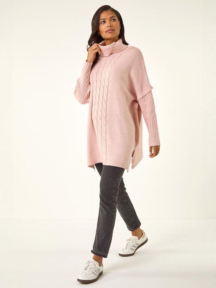Roman Pink Cable Knit Roll Neck Poncho Jumper - Image 2 of 4 Roman Pink Cable Knit Roll Neck Poncho Jumper - Image 2 of 4