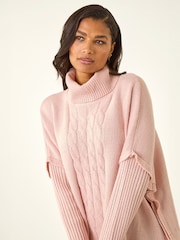 Roman Pink Cable Knit Roll Neck Poncho Jumper - Image 4 of 4