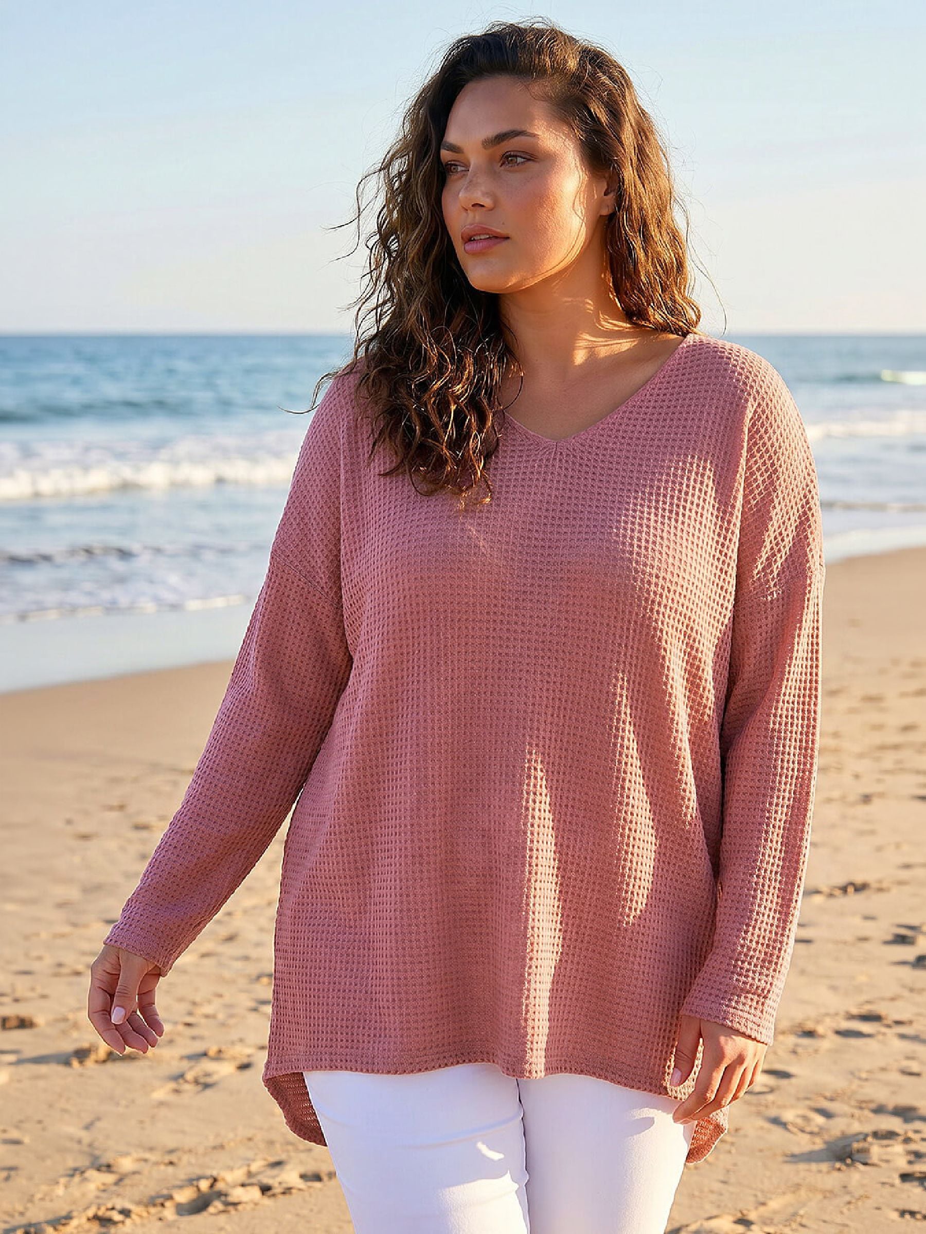 Roman Curve Textured V-neck Stretch Top, Pink, Size 22-24, Women - Image 5