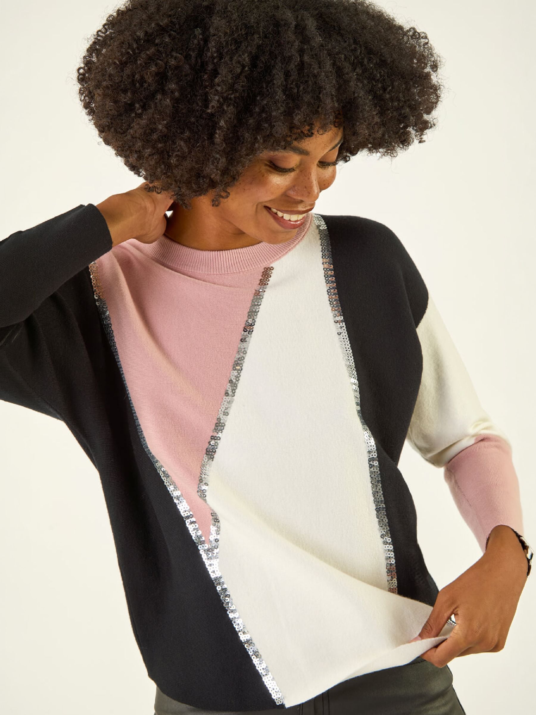 Roman Women's Pink Colour Block Sequin Knit Jumper In - Image 3