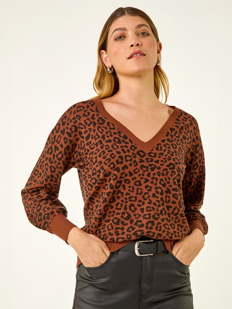 Roman Brown Animal Print V-Neck Boyfriend Jumper - Image 4 of 4 Roman Brown Animal Print V-Neck Boyfriend Jumper - Image 4 of 4
