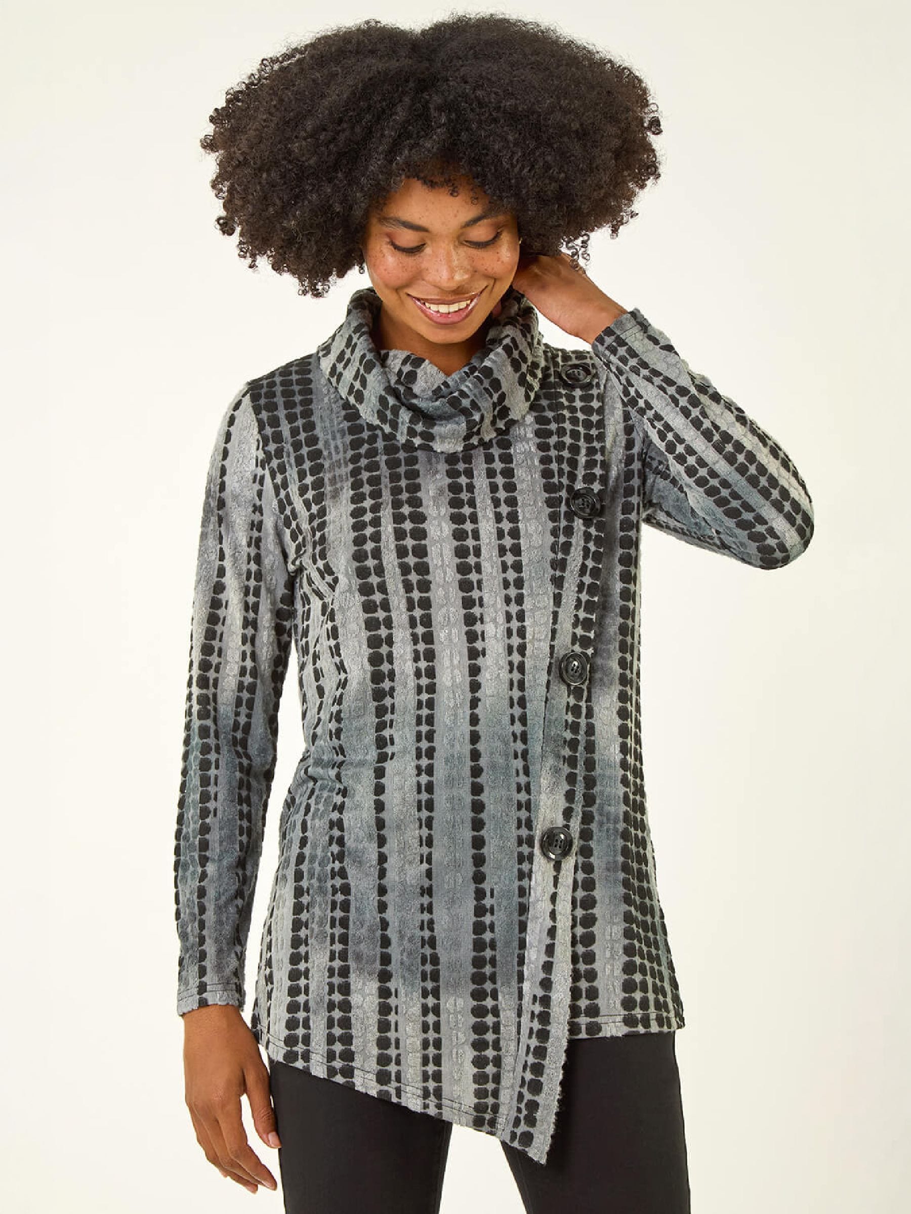 Roman Women's Grey Cowl Neck Buttoned Top In | Size: 16 - Image 3