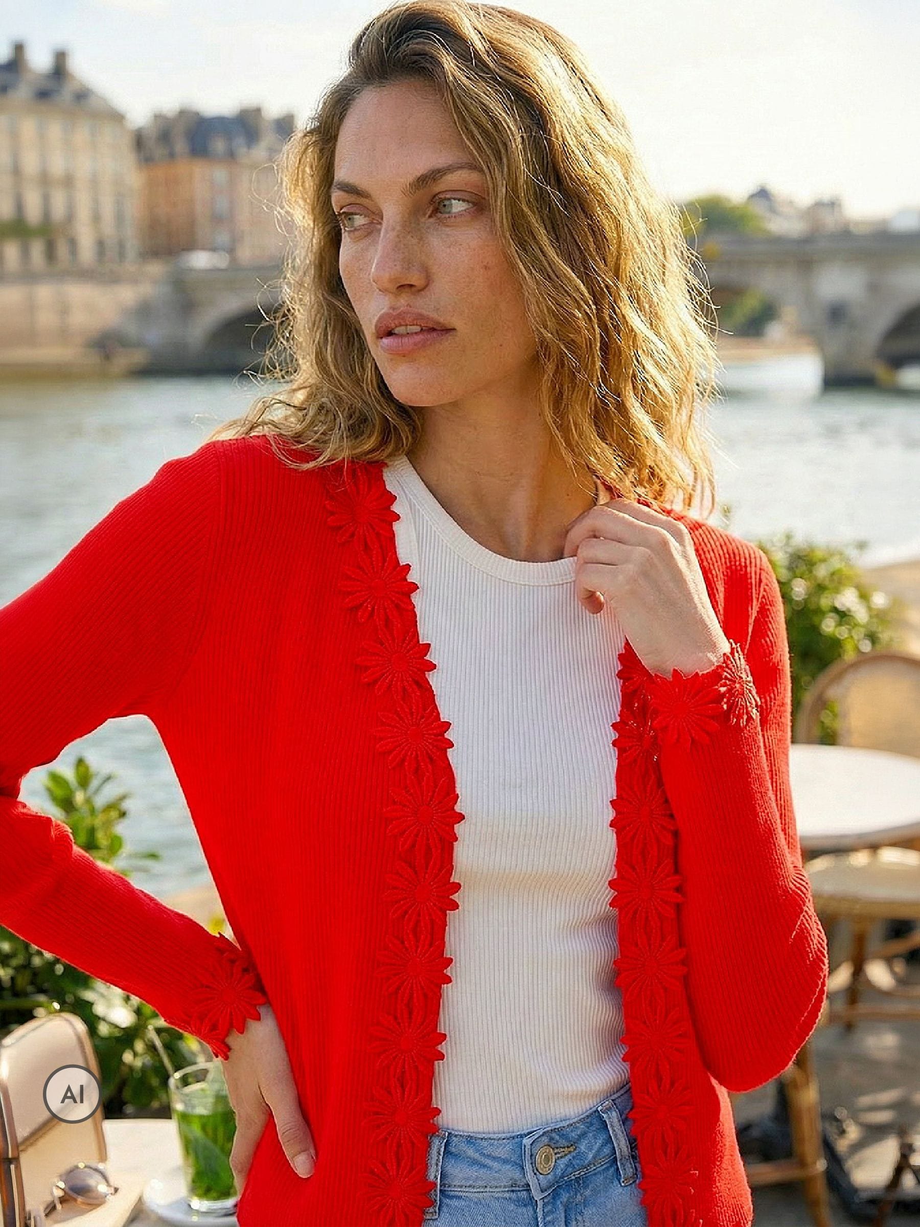 Roman Women's Floral Lace Trim Knit Cardigan Sweater in Red | Size: 18 - Image 3