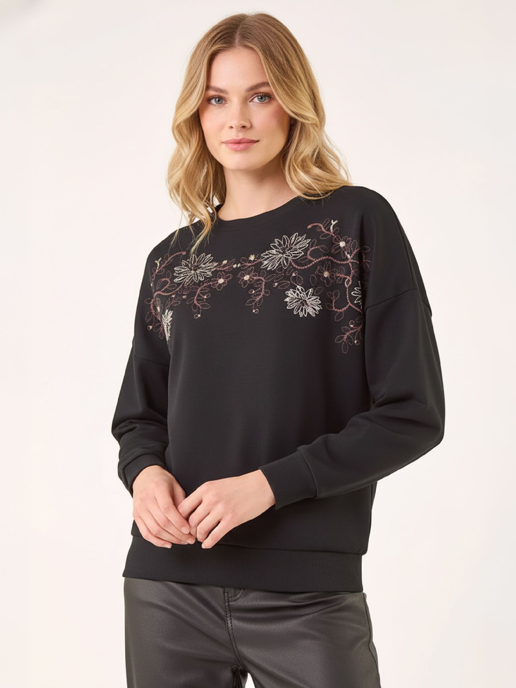 Roman Women's Floral Embroidered Stretch Top in Black | Size: 18 - Image 2