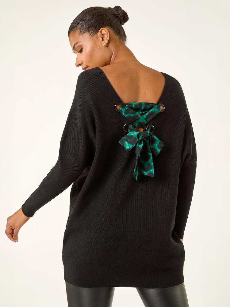 Roman Black Animal Print Eyelet Back Knit Jumper - Image 1 of 4 Roman Black Animal Print Eyelet Back Knit Jumper - Image 1 of 4