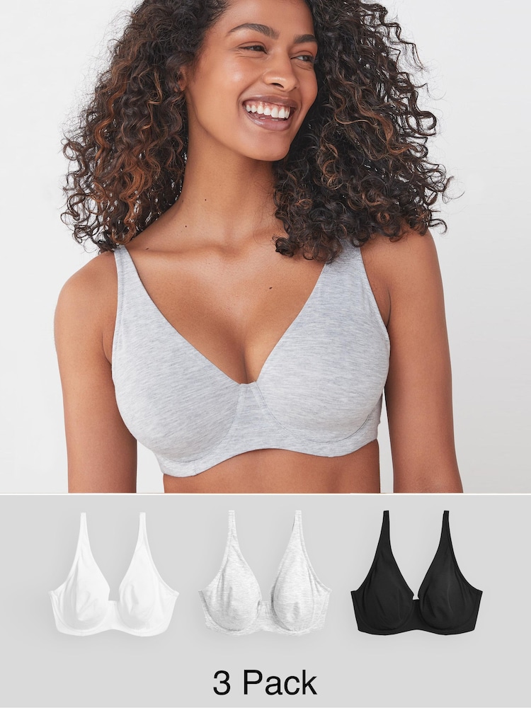 Black/Grey Marl/White Non Pad Full Cup DD+ Cotton Blend Ultimate Comfort Bras 3 Pack - Image 1 of 11