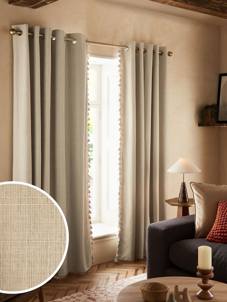 Light Natural Next Textured Tassel Edge Eyelet Blackout/Thermal Curtains - Image 1 of 7