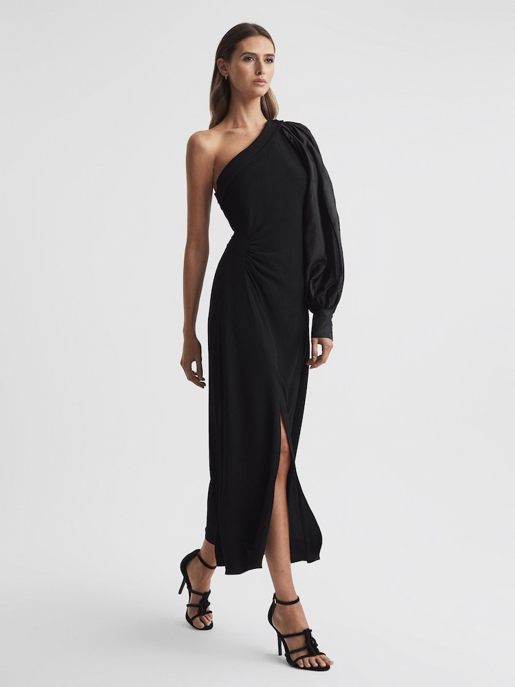 Reiss Black Maeve One-Shoulder Blouson Sleeve Midi Dress - Image 1 of 5