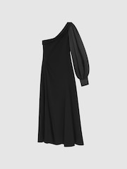 Reiss Black Maeve One-Shoulder Blouson Sleeve Midi Dress - Image 2 of 5