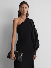 Reiss Black Maeve One-Shoulder Blouson Sleeve Midi Dress - Image 3 of 5