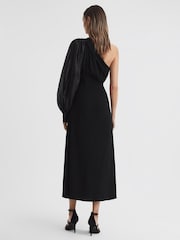 Reiss Black Maeve One-Shoulder Blouson Sleeve Midi Dress - Image 5 of 5