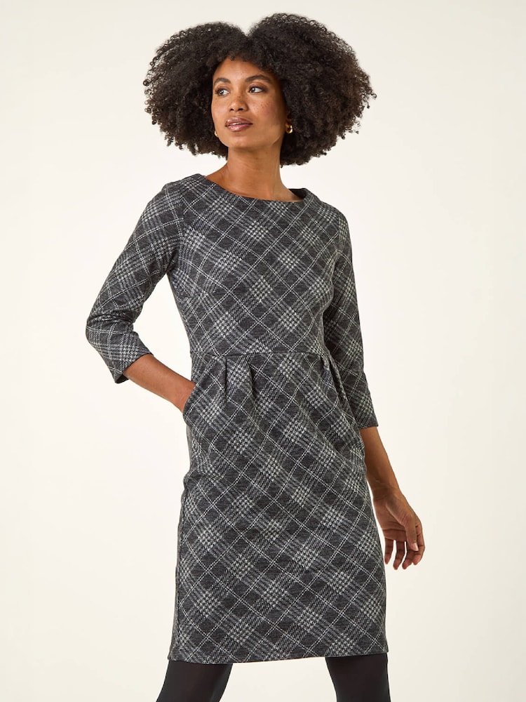 Roman Grey Checked Front Pleat Shift Dress - Image 1 of 4 Roman Grey Checked Front Pleat Shift Dress - Image 1 of 4