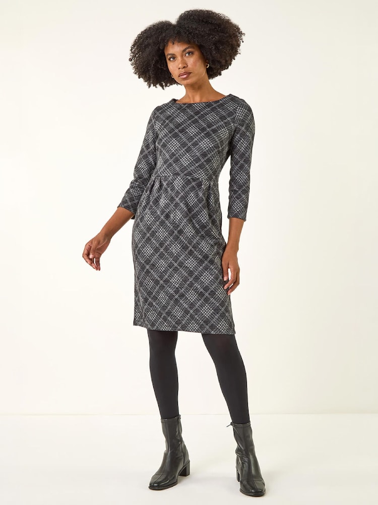 Roman Grey Checked Front Pleat Shift Dress - Image 2 of 4 Roman Grey Checked Front Pleat Shift Dress - Image 2 of 4