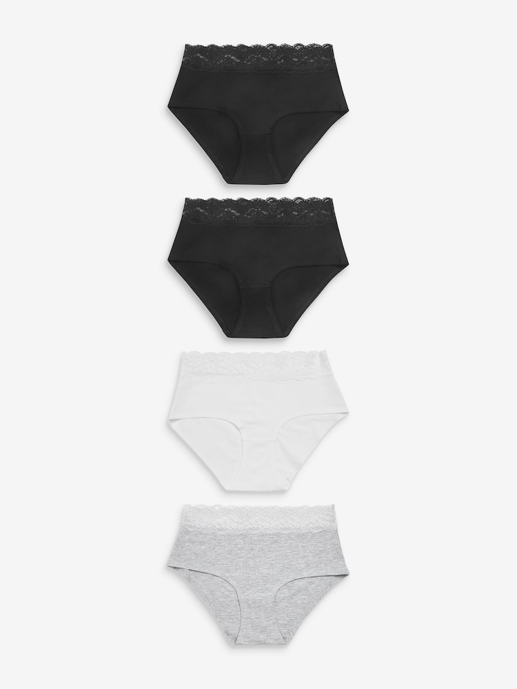 White/Black/Grey Midi Lace Knickers 4 Pack - Image 1 of 8 White/Black/Grey Midi Lace Knickers 4 Pack - Image 1 of 8