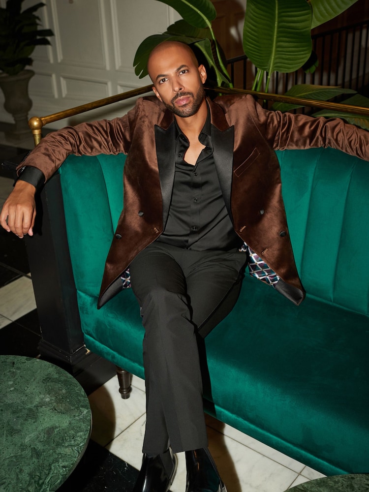 Brown Double Breasted Slim Velvet Blazer - Image 1 of 10