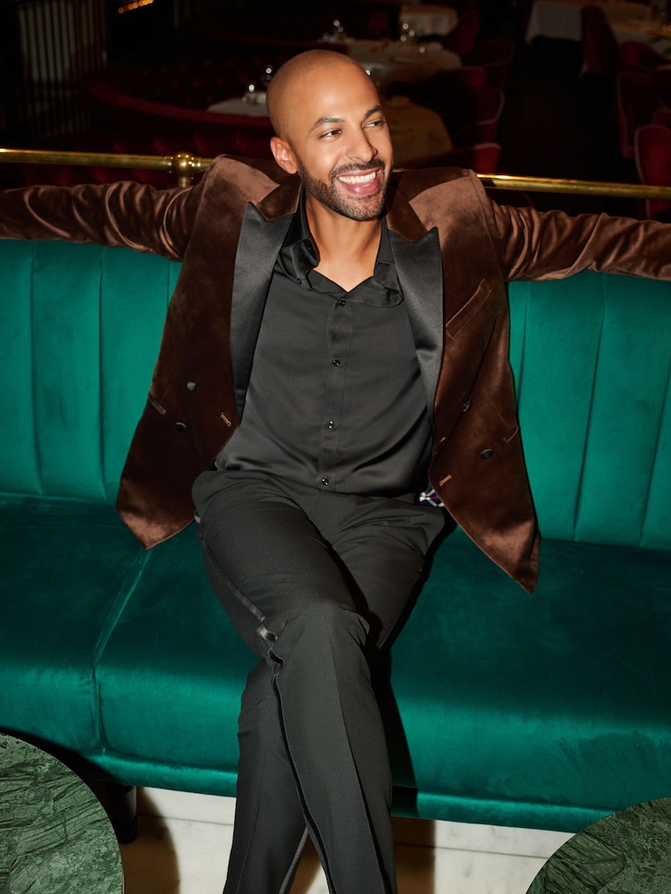 Brown Double Breasted Slim Velvet Blazer - Image 2 of 10