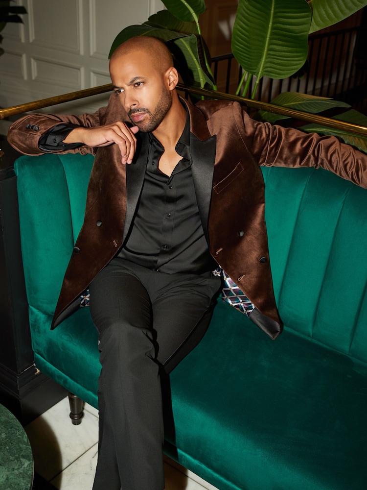 Brown Double Breasted Slim Velvet Blazer - Image 3 of 10