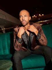 Brown Double Breasted Slim Velvet Blazer - Image 5 of 10