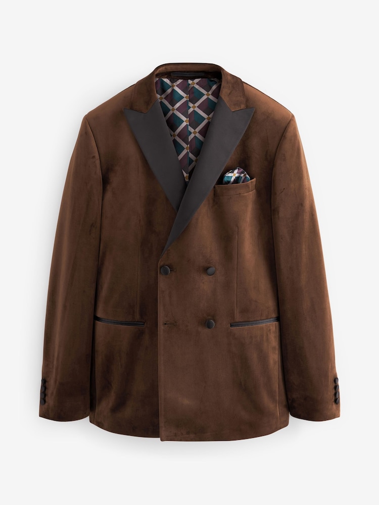 Brown Double Breasted Slim Velvet Blazer - Image 6 of 10