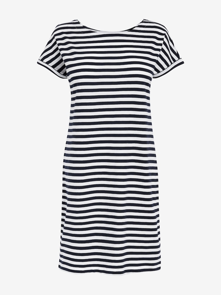 Navy Blue/White Stripe 100% Cotton Relaxed Capped Sleeve Tunic Dress - Image 3 of 3