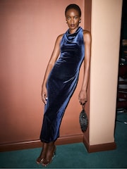 Ro&Zo Blue Petite Lucy Cowl Neck Velvet Dress - Image 1 of 6