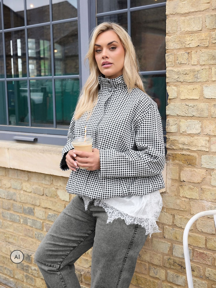 Yours Curve Black Monochrome Gingham Jacket - Image 1 of 6 Yours Curve Black Monochrome Gingham Jacket - Image 1 of 6