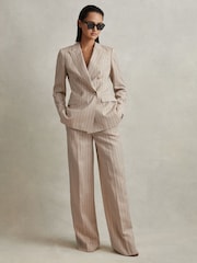 Reiss Neutral Odette Wool Blend Striped Wide Leg Trousers - Image 1 of 6