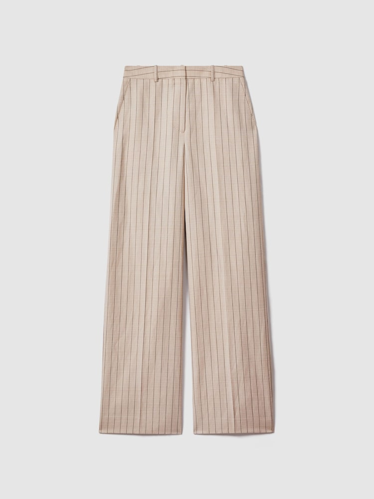 Reiss Neutral Odette Wool Blend Striped Wide Leg Trousers - Image 2 of 6