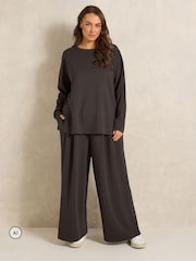بني داكن - Evans Long Sleeve Top & Wide Leg Trousers - Image 1 of 6