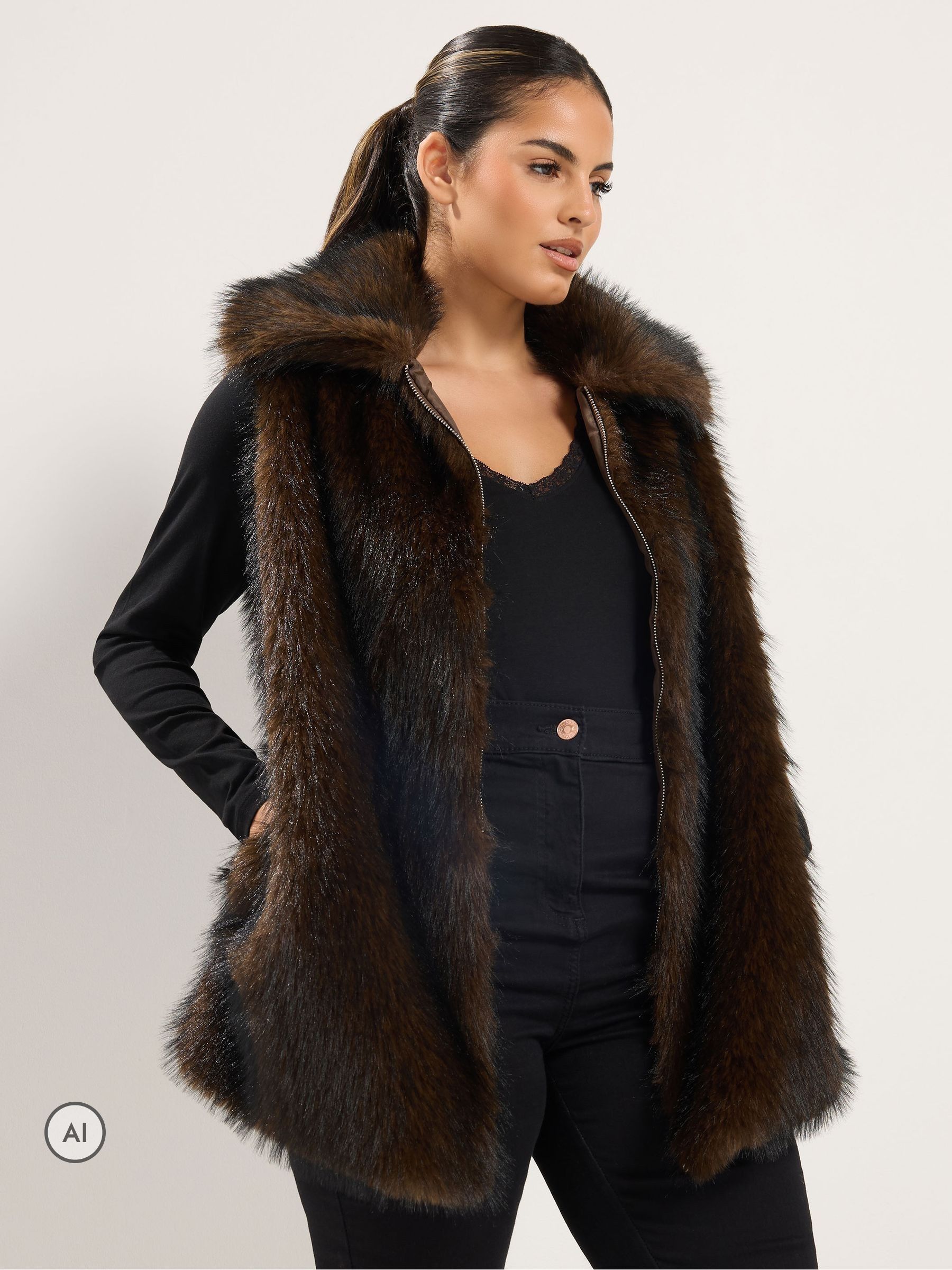 Yours Women's Brown Faux Fur Tipped Gilet In Size 30-32 - Image 2
