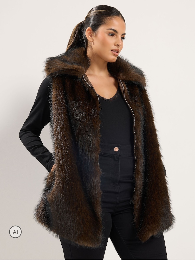 Yours Curve Brown Tipped Faux Fur Gilet - Image 1 of 6 Yours Curve Brown Tipped Faux Fur Gilet - Image 1 of 6