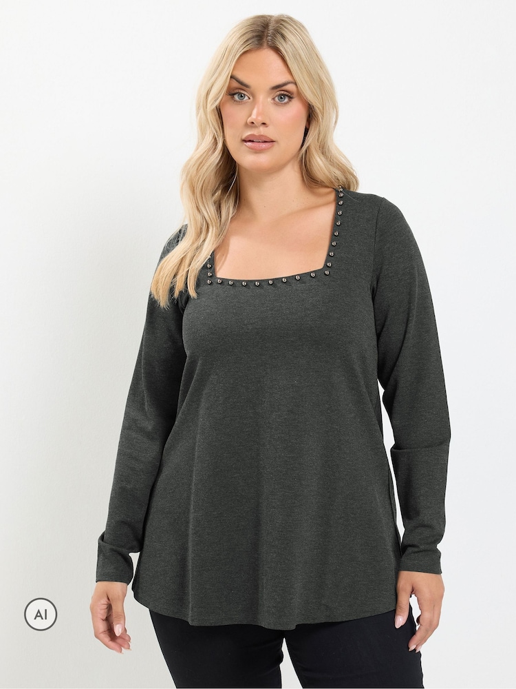Yours Curve Grey Square Neck Pearl Trim Long T-Shirt - Image 1 of 6 Yours Curve Grey Square Neck Pearl Trim Long T-Shirt - Image 1 of 6