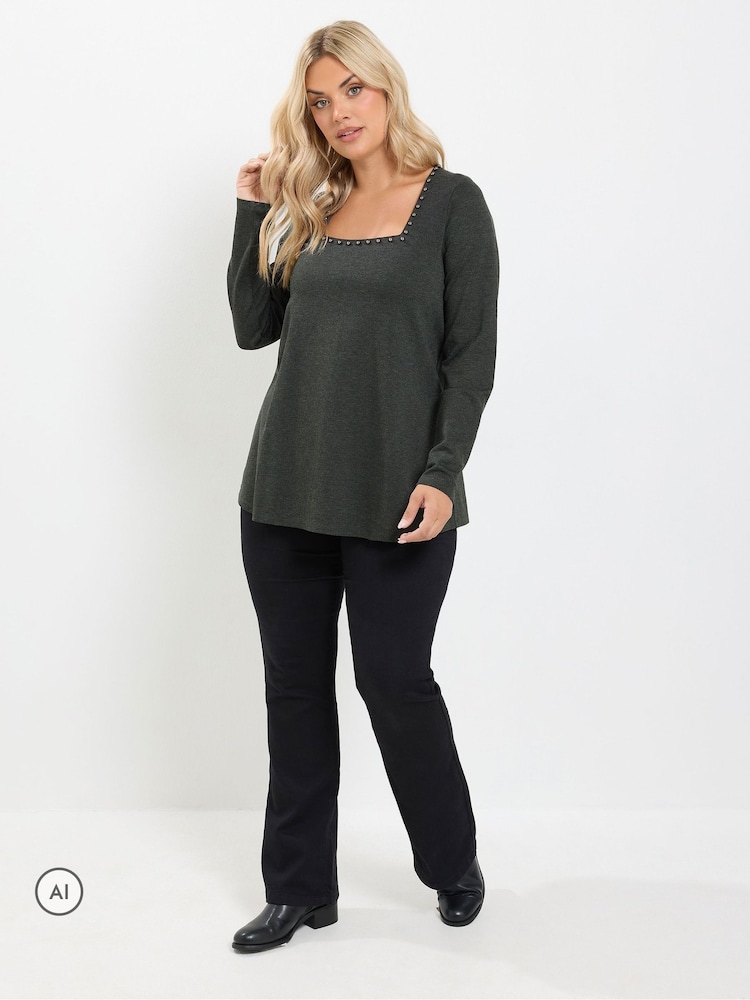 Yours Curve Grey Square Neck Pearl Trim Long T-Shirt - Image 2 of 6 Yours Curve Grey Square Neck Pearl Trim Long T-Shirt - Image 2 of 6
