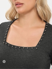 Yours Curve Grey Square Neck Pearl Trim Long T-Shirt - Image 4 of 6