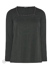 Yours Curve Grey Square Neck Pearl Trim Long T-Shirt - Image 5 of 6