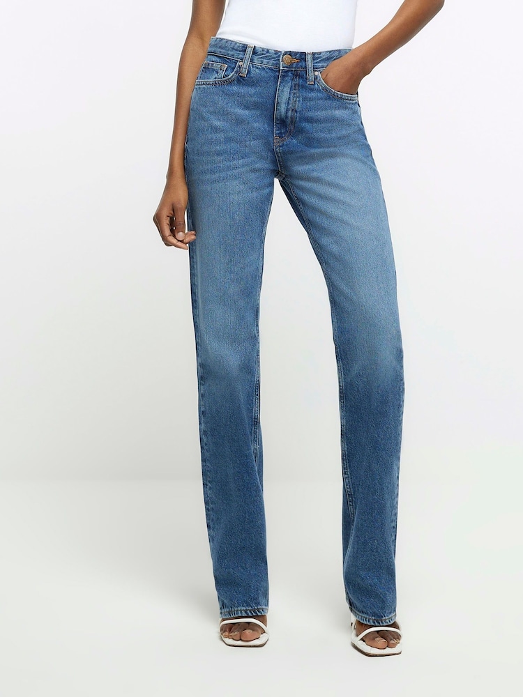 River Island Blue High Rise Straight Leg Jeans - Image 1 of 6 River Island Blue High Rise Straight Leg Jeans - Image 1 of 6