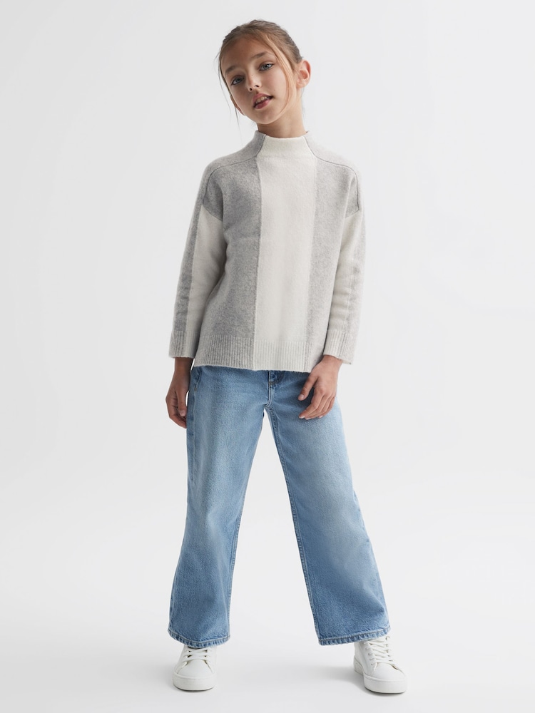 Reiss Grey/White Dulcie 9-14 yrs Funnel Neck Striped Jumper - Image 1 of 6