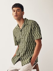 Green 100% Cotton Textured Short Sleeve Shirt With Cuban Collar - Image 1 of 9