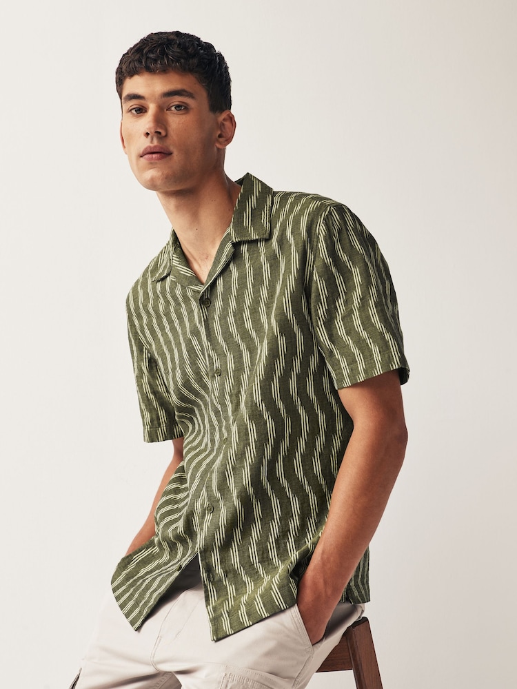 Green 100% Cotton Textured Short Sleeve Shirt With Cuban Collar - Image 1 of 9