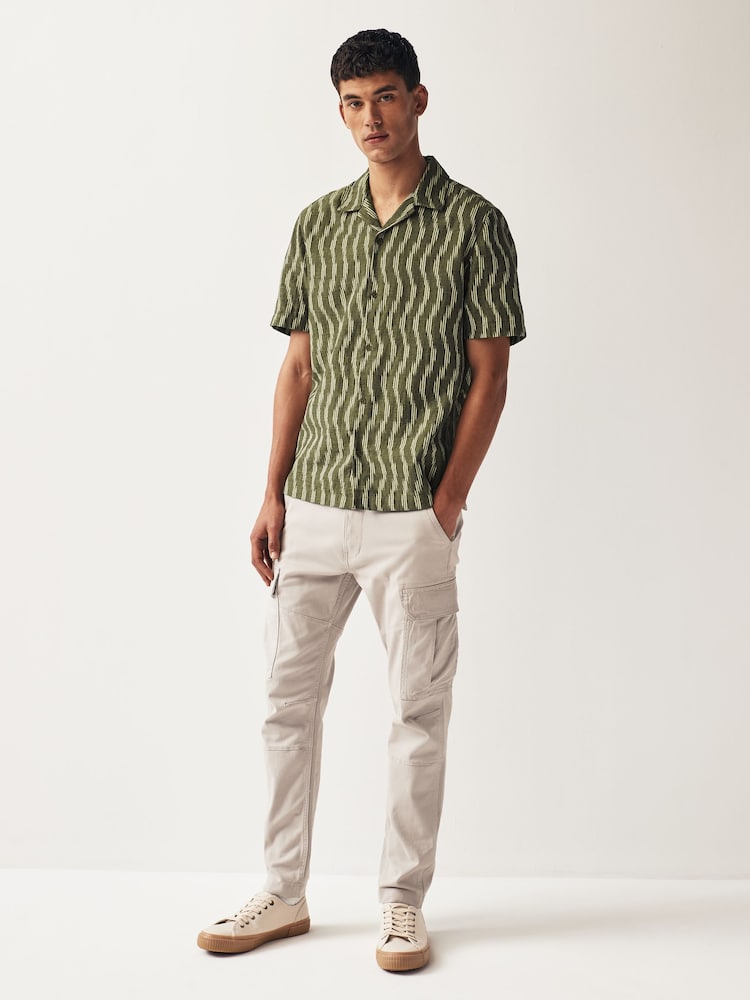 Green 100% Cotton Textured Short Sleeve Shirt With Cuban Collar - Image 2 of 9
