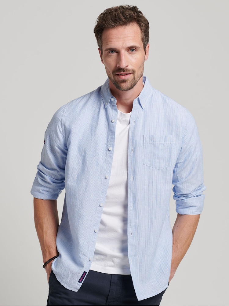 Superdry Blue Cotton Studios Linen Button Down Shirt - Image 1 of 9