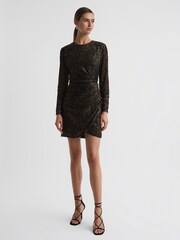 Reiss Black/Gold Xena Premium Metallic Velvet Mini Dress - Image 1 of 5