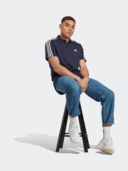 adidas Blue Essentials Piqué Embroidered Small Logo 3-Stripes 100% Cotton Polo Shirt - Image 1 of 6