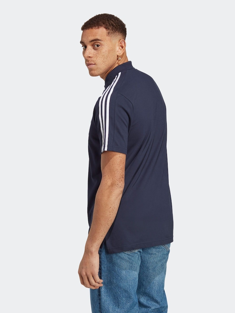 adidas Blue Essentials Piqué Embroidered Small Logo 3-Stripes 100% Cotton Polo Shirt - Image 2 of 6