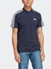 adidas Blue Essentials Piqué Embroidered Small Logo 3-Stripes 100% Cotton Polo Shirt - Image 4 of 6