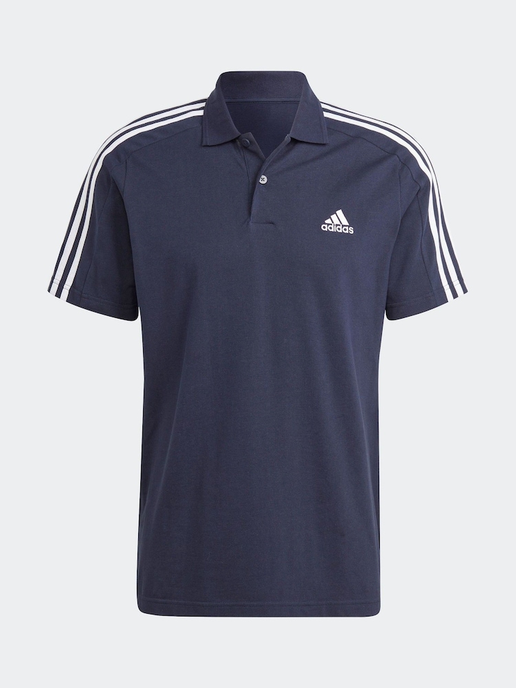 adidas Blue Essentials Piqué Embroidered Small Logo 3-Stripes 100% Cotton Polo Shirt - Image 6 of 6