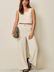 Natural Tie Waist Wide Leg Trousers with Linen - Image 1 of 4