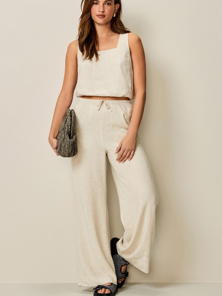 Natural Tie Waist Wide Leg Trousers with Linen - Image 1 of 4